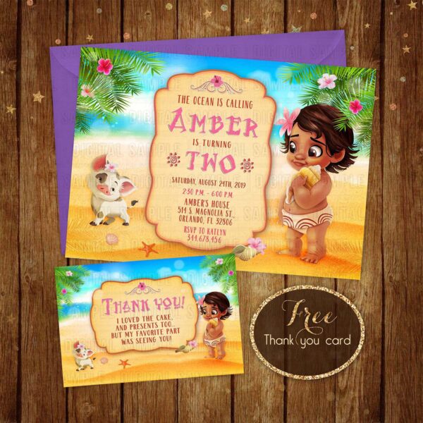 Baby Moana Birthday Invitation - Printable Digital File + Free Thank you card