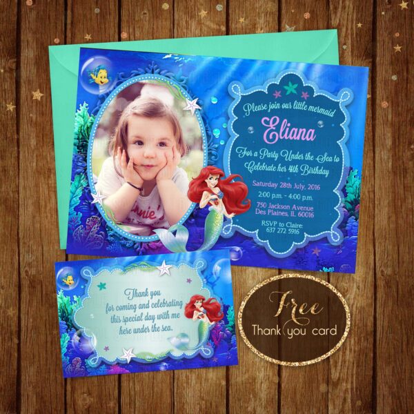 Personalized Little Mermaid Invitation + Free Thank You Card