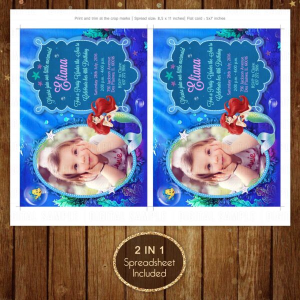 Personalized Little Mermaid with Photo Invitation + Free Thank You Card