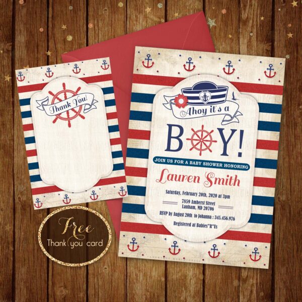 Personalized Nautical Baby Shower Invitation + Free Thank You