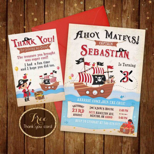 Personalized Pirate Invitation + Free Thank You Card