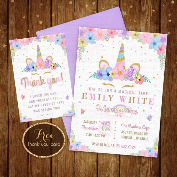 Personalized Unicorn Birthday Invitation + Free Thank You Card