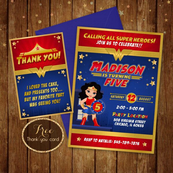 Wonder Woman Invitation - Printable Digital File - Free Thank You Card