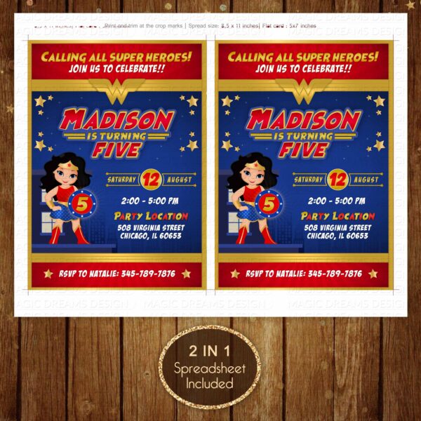 Wonder Woman Invitation - Printable Digital File - Free Thank You Card - Multi Print Sheet